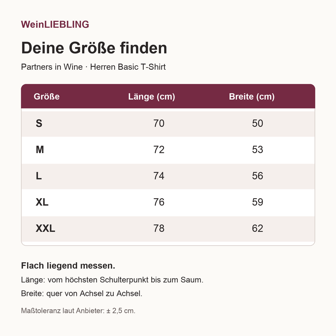 Maßtabelle für Partners in Wine Herren-T-Shirt in S bis XXL: Länge und Brustbreite in Zentimetern, Toleranz ±2,5 cm