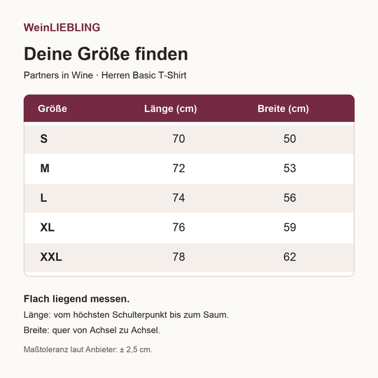Maßtabelle für Partners in Wine Herren-T-Shirt in S bis XXL: Länge und Brustbreite in Zentimetern, Toleranz ±2,5 cm