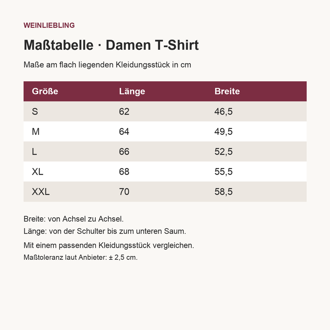 Pasta & Wein – Maßtabelle Damen T-Shirt in cm