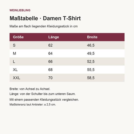 Pasta & Wein – Maßtabelle Damen T-Shirt in cm