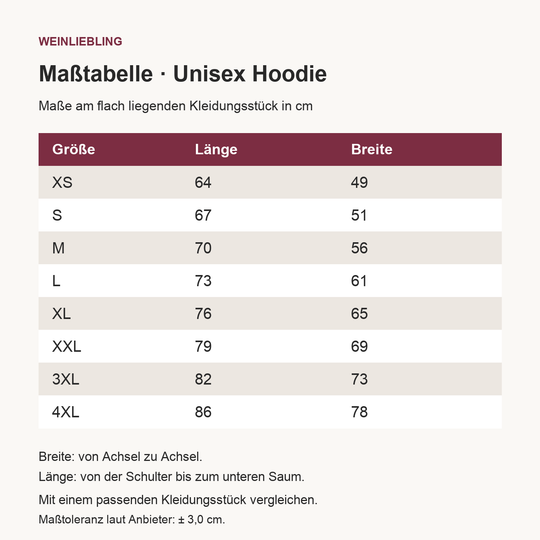 Pasta & Wein – Maßtabelle Unisex Hoodie in cm