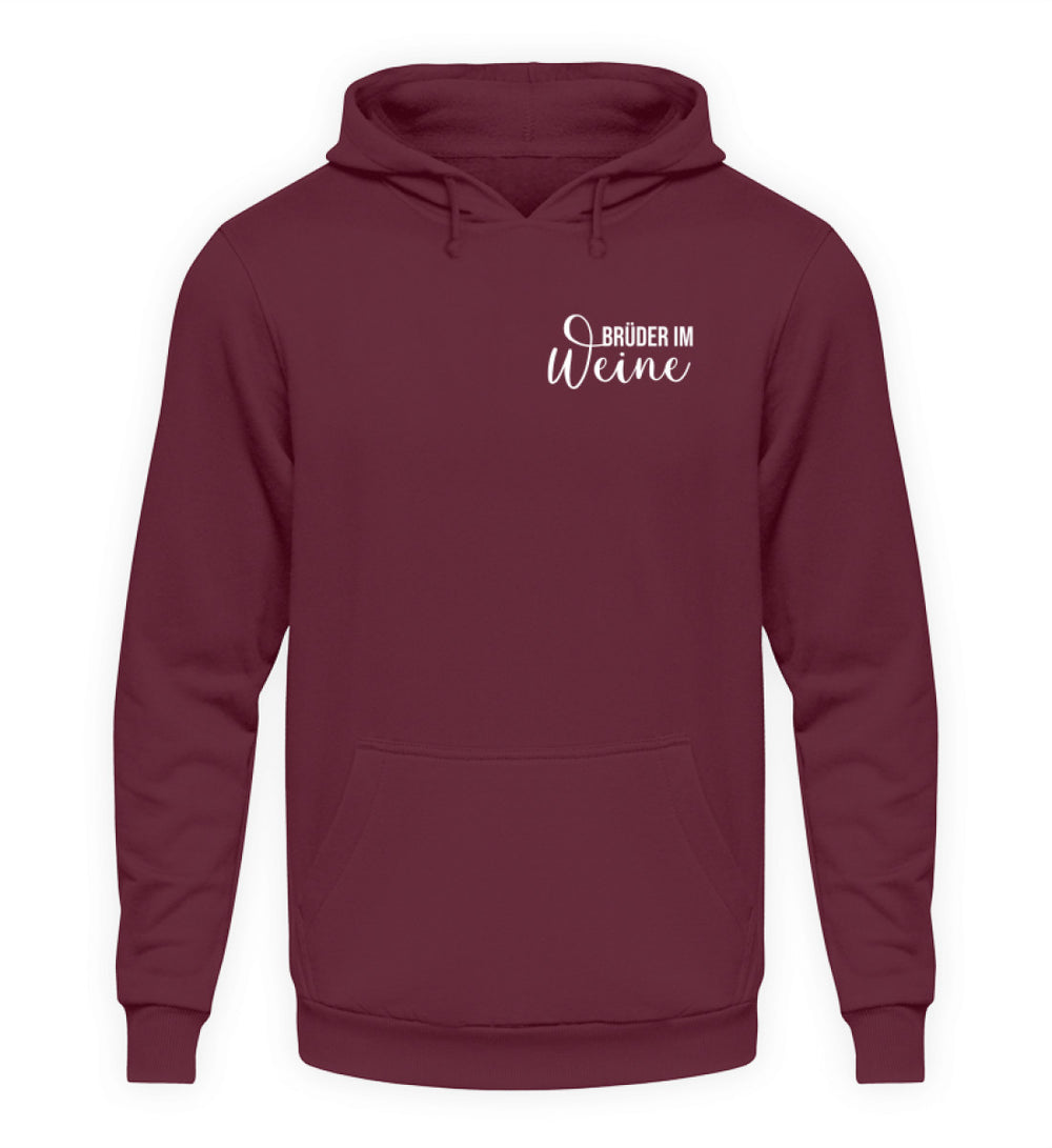Brüder im Weine Unisex Basic Hoodie in Bordeaux mit kleinem weißem Brustmotiv.