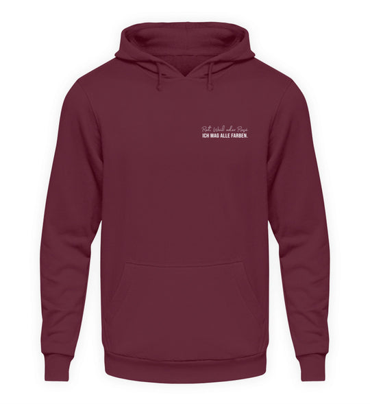 Rot, Weiß oder Rosé – Unisex-Hoodie in Bordeaux mit kleinem Motiv links auf der Brust
