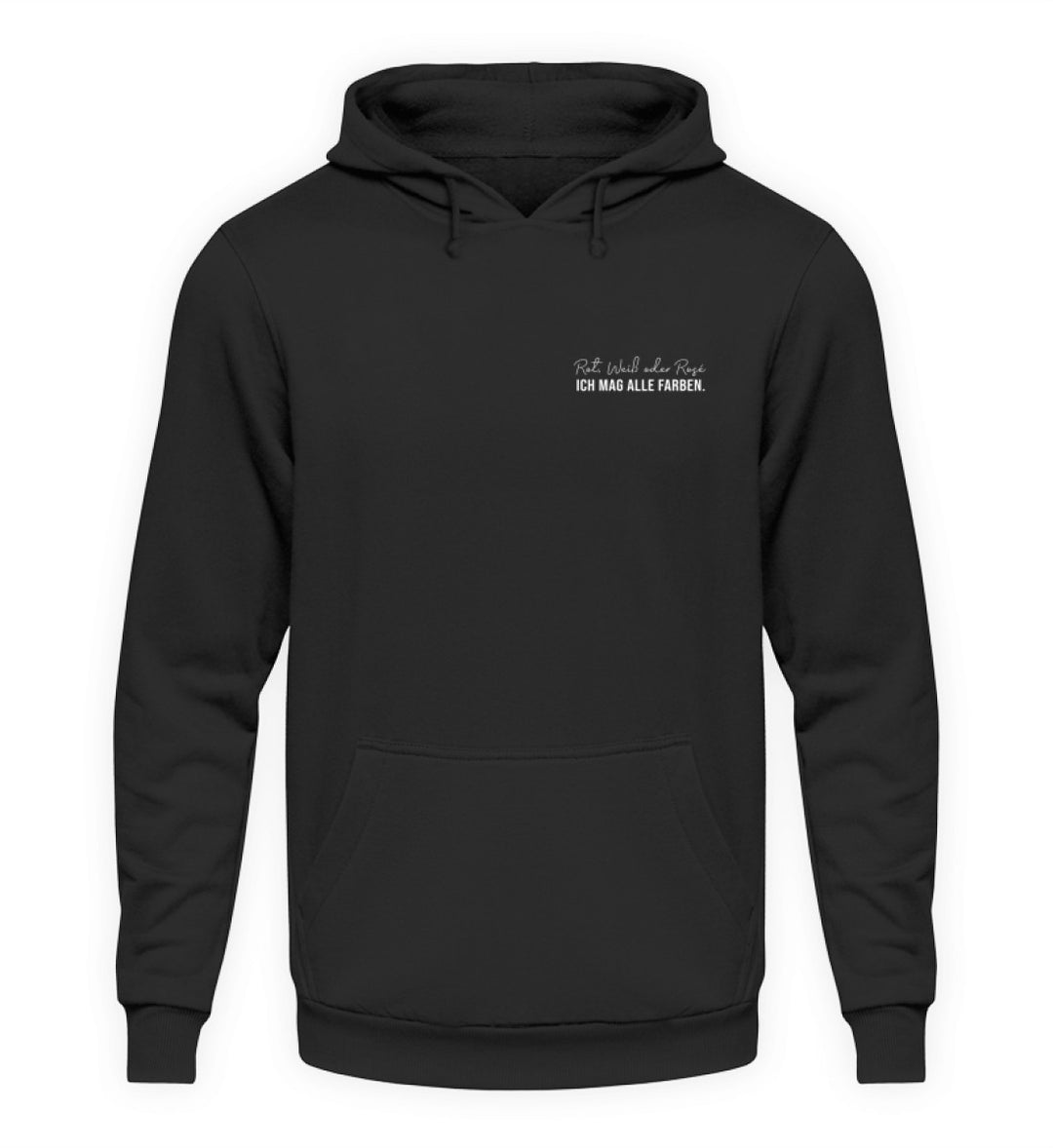 Rot, Weiß oder Rosé – Unisex-Hoodie in Schwarz mit kleinem Motiv links auf der Brust