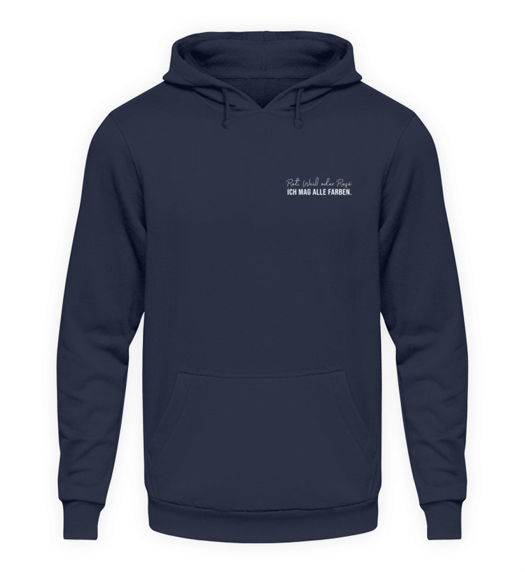 Rot, Weiß oder Rosé – Unisex-Hoodie in Dunkelblau mit kleinem Motiv links auf der Brust