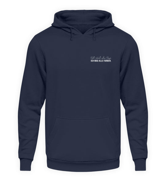 Rot, Weiß oder Rosé – Unisex-Hoodie in Dunkelblau mit kleinem Motiv links auf der Brust