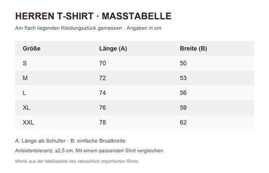 Maßtabelle Herren-T-Shirt S–XXL, Länge und einfache Brustbreite in cm, Anbietertoleranz ±2,5 cm.