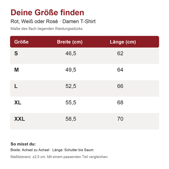 Maßtabelle für Damen-T-Shirts: Breite und Länge in Zentimetern