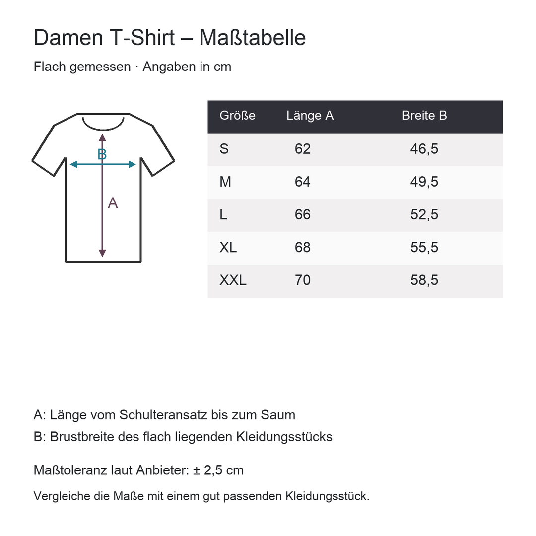 Maßtabelle Damen T-Shirt S bis XXL, Länge und Brustbreite in cm