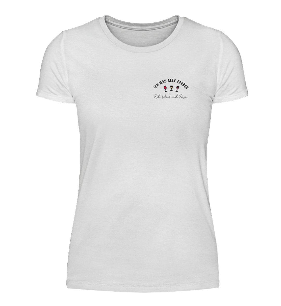 Damen T-Shirt in Weiß mit Ich mag alle Farben und drei Weingläsern links auf der Brust.