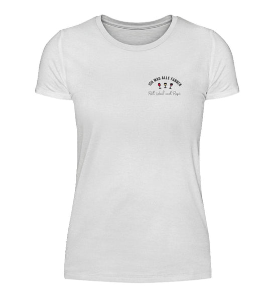 Damen T-Shirt in Weiß mit Ich mag alle Farben und drei Weingläsern links auf der Brust.