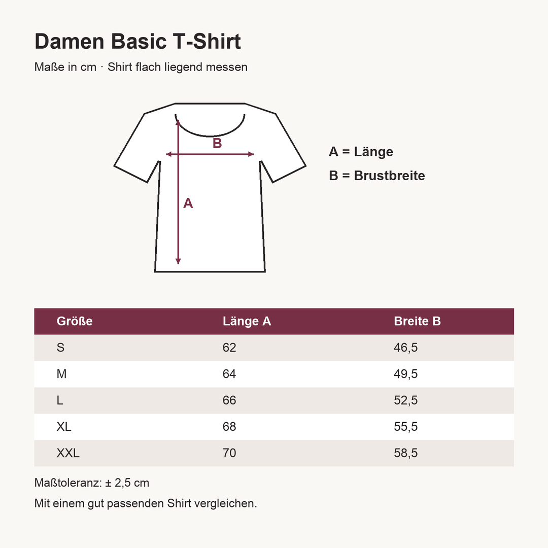 Maßtabelle Damen Basic T-Shirt S bis XXL