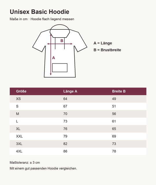 Maßtabelle Unisex Hoodie XS bis 4XL, Länge und Brustbreite in Zentimetern