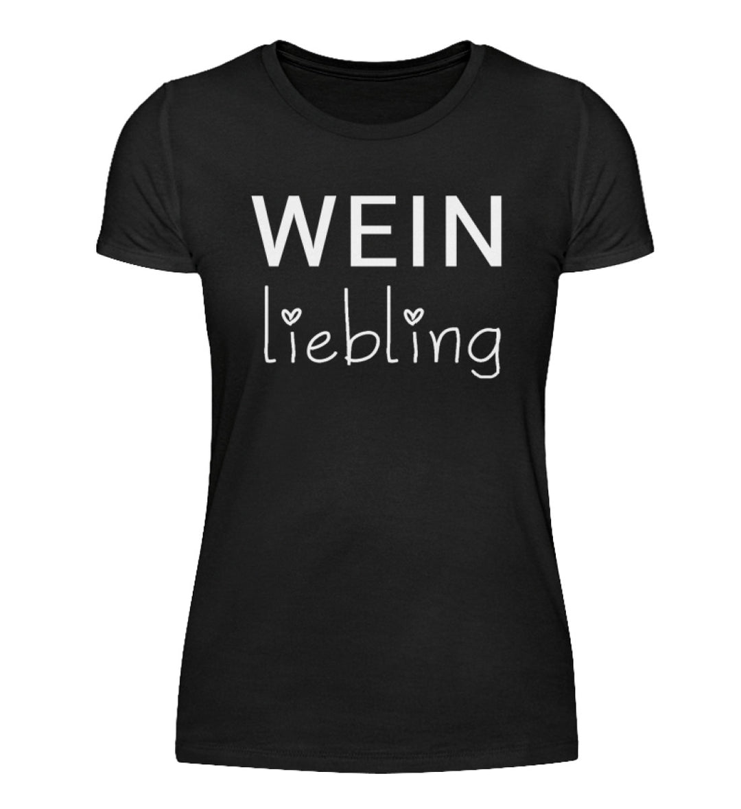 Weinliebling Damen T-Shirt in Schwarz – weißer Schriftzug mit zwei Herzen vorne