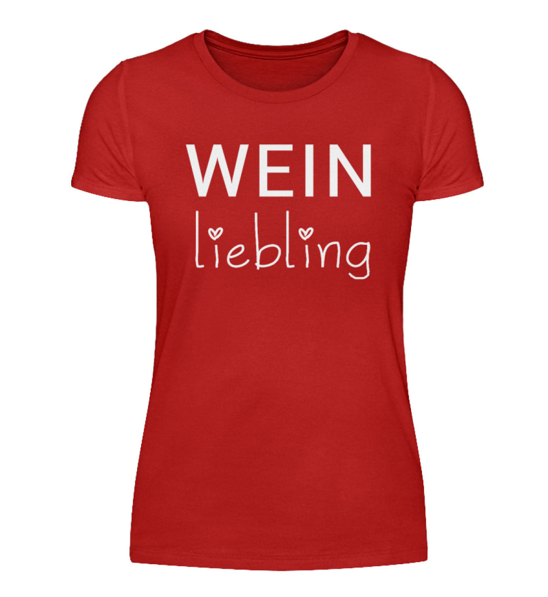 Weinliebling Damen T-Shirt in Rot – weißer Schriftzug mit zwei Herzen vorne
