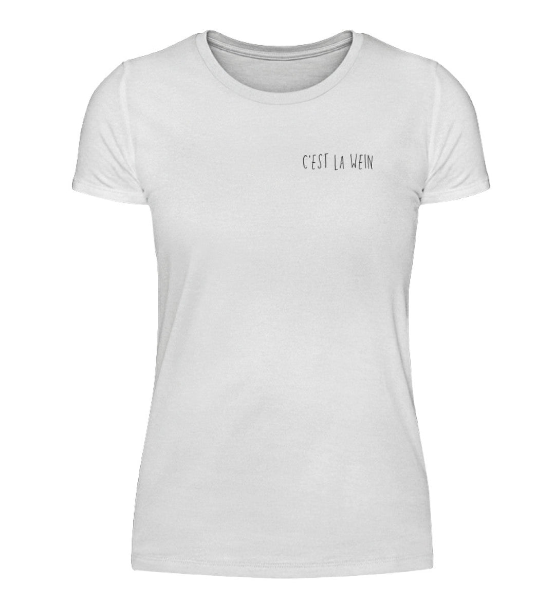 C’est la Wein – Damen T-Shirt in Weiß, kleines schwarzes Motiv links auf der Brust