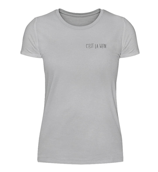 C’est la Wein – Damen T-Shirt in Grau, kleines schwarzes Motiv links auf der Brust