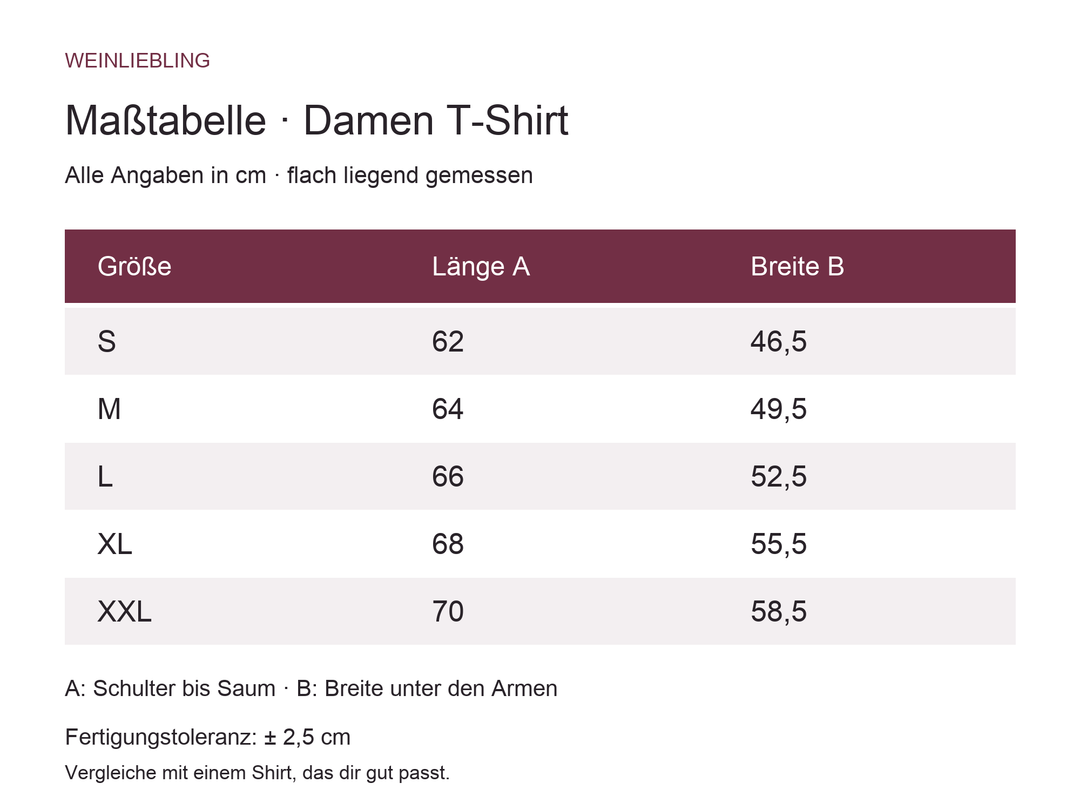 Maßtabelle Damen T-Shirt S–XXL – Länge und Breite in Zentimetern