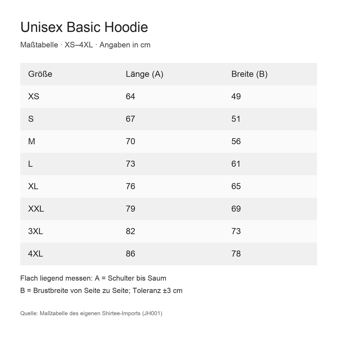 Unisex Hoodie – Maßtabelle XS bis 4XL in Zentimetern