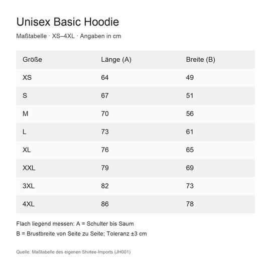 Unisex Hoodie – Maßtabelle XS bis 4XL in Zentimetern
