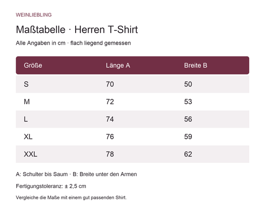 Maßtabelle Herren T-Shirt S bis XXL: Länge und Breite in Zentimetern, Toleranz 2,5 cm