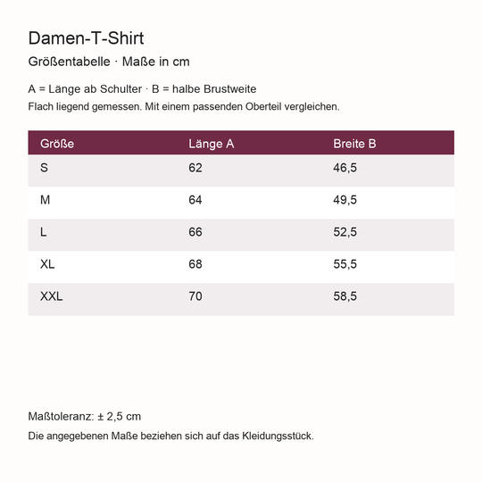 Größentabelle Damen-T-Shirt S–XXL: Länge und halbe Brustweite in cm