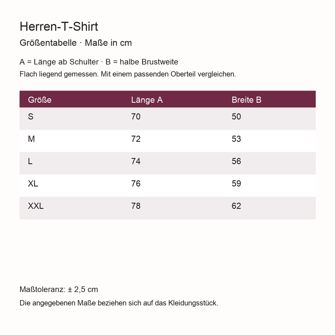 Größentabelle Herren-T-Shirt S–XXL: Länge und halbe Brustweite in cm