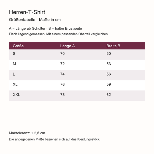 Größentabelle Herren-T-Shirt S–XXL: Länge und halbe Brustweite in cm