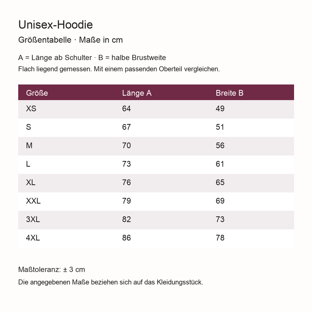 Größentabelle Unisex-Hoodie XS–4XL: Länge und halbe Brustweite in cm