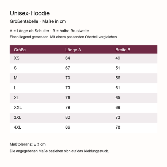 Größentabelle Unisex-Hoodie XS–4XL: Länge und halbe Brustweite in cm