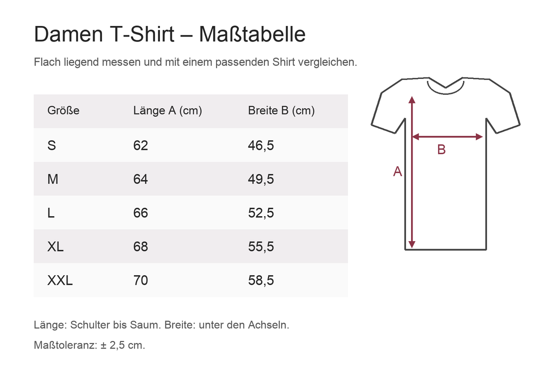 Maßtabelle Damen T-Shirt S–XXL: Länge und Breite in Zentimetern