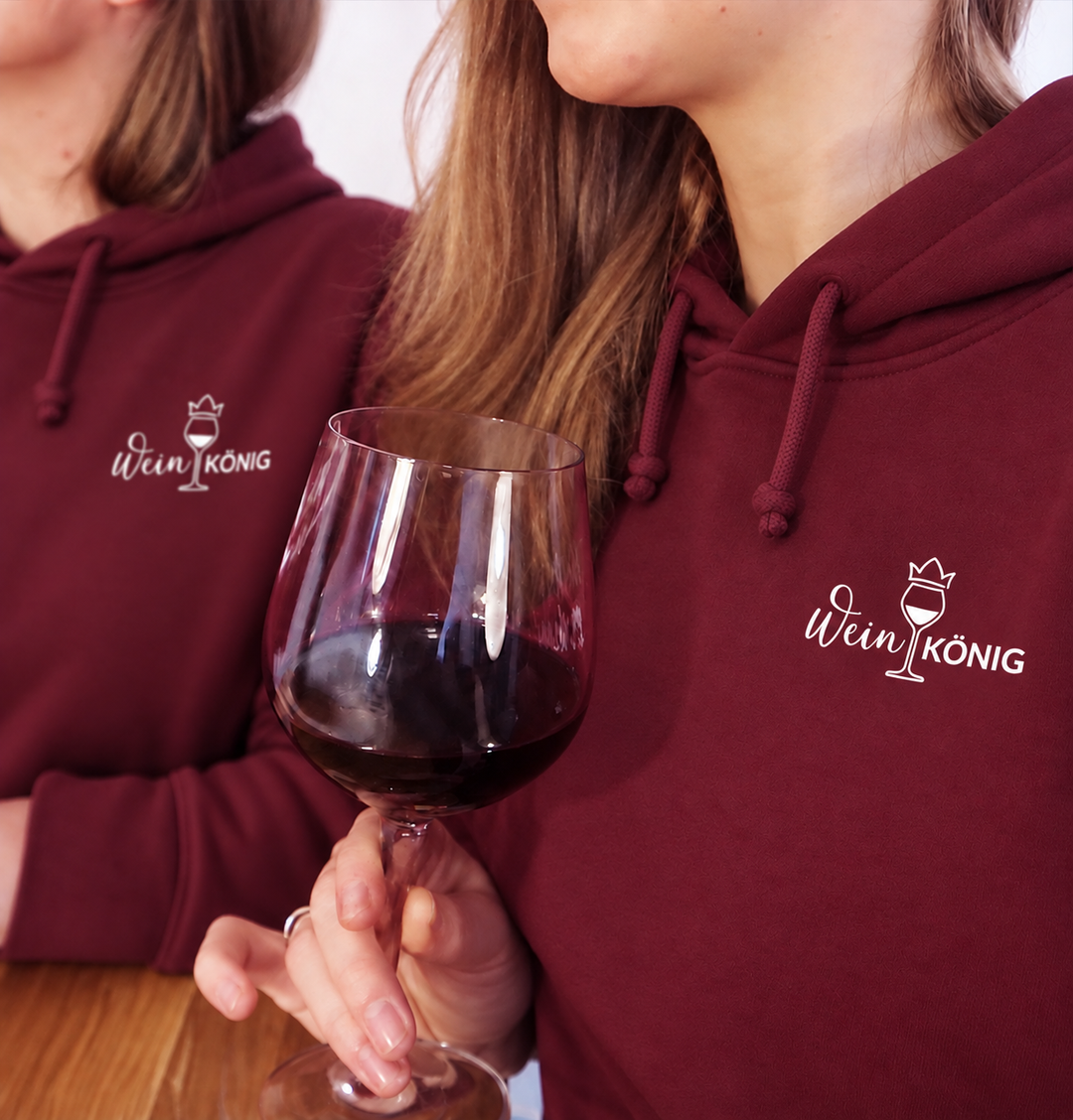 Weinkönig Unisex Hoodie in Bordeaux – kleines gekröntes Weinglas links auf der Brust