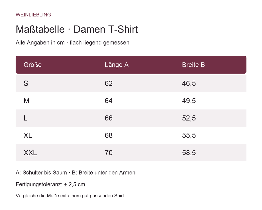 Maßtabelle Damen T-Shirt: Länge und Breite in cm, S bis XXL