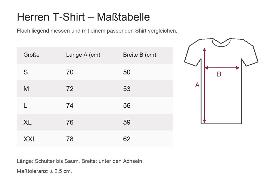 Maßtabelle Weinpartnerinnen Herren Basic T-Shirt, Größen S bis XXL, Angaben in Zentimetern.