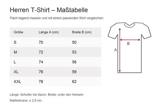 Maßtabelle Weinpartnerinnen Herren Basic T-Shirt, Größen S bis XXL, Angaben in Zentimetern.