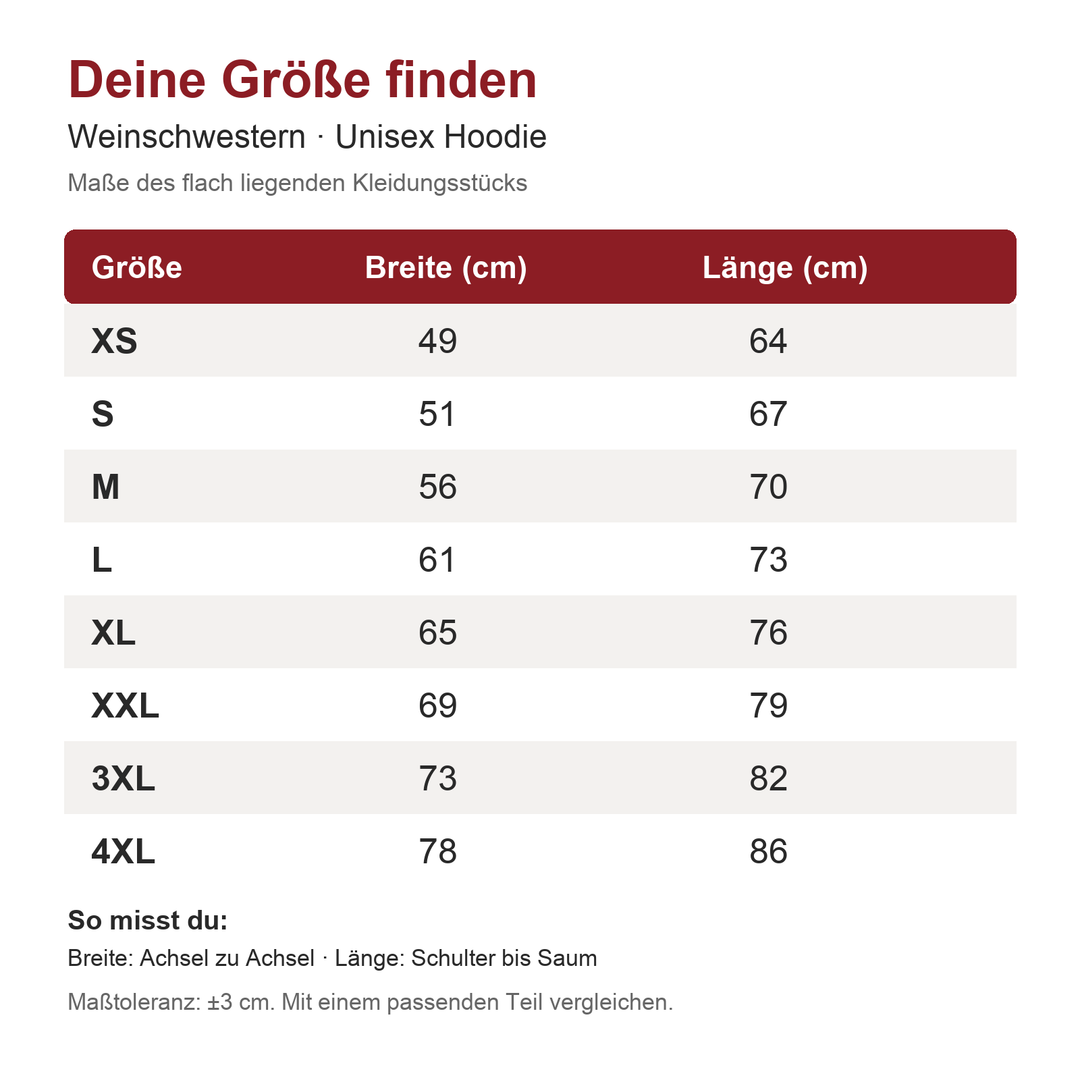 Weinschwestern Unisex Hoodie – Maßtabelle XS bis 4XL
