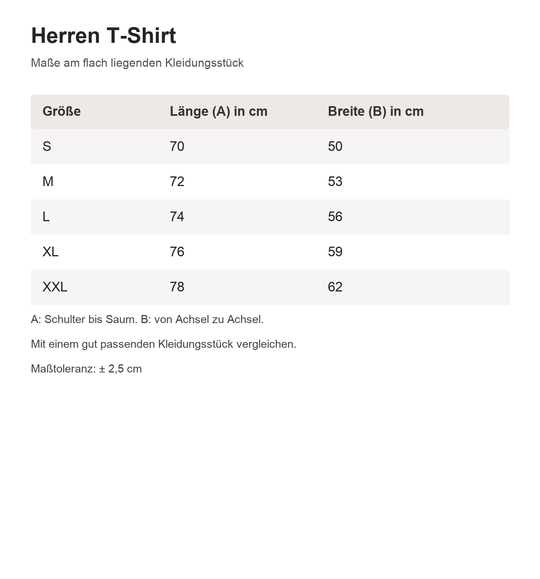 herren – Maßtabelle in cm für die angebotenen Größen, tatsächliche Providermaße