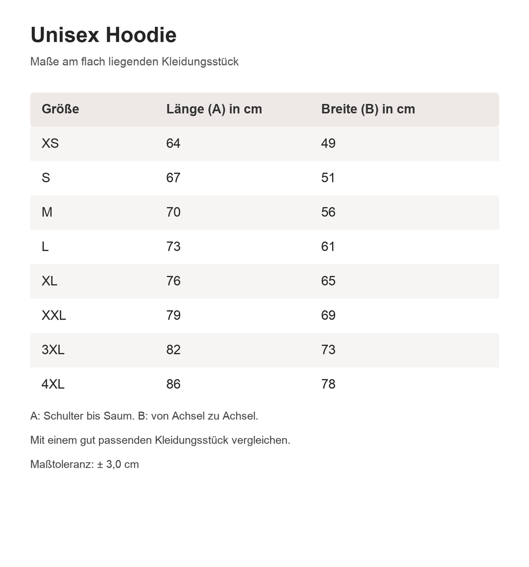 hoodie – Maßtabelle in cm für die angebotenen Größen, tatsächliche Providermaße