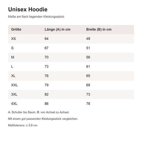 hoodie – Maßtabelle in cm für die angebotenen Größen, tatsächliche Providermaße
