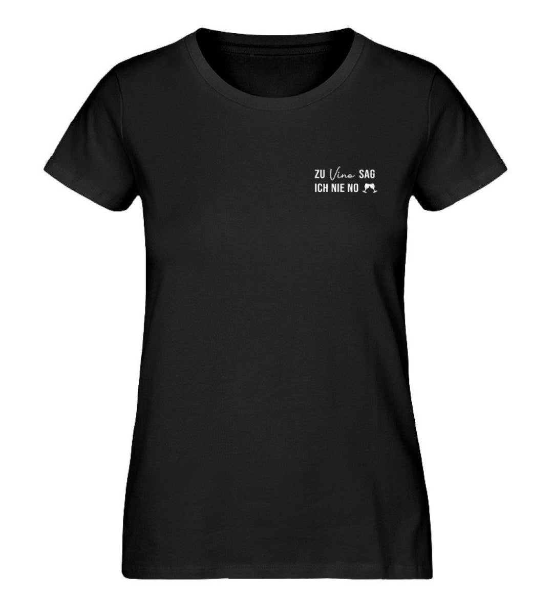 Spruch „Zu Vino sag ich nie no“ Damen T-Shirt in Schwarz von WeinLIEBLING